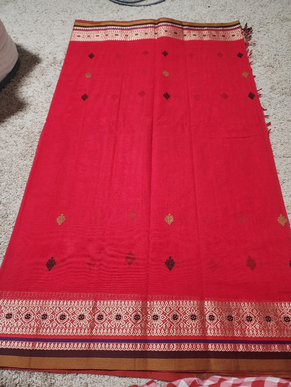 Red With Golden Border 100 Percent Cotton Handmade Saree